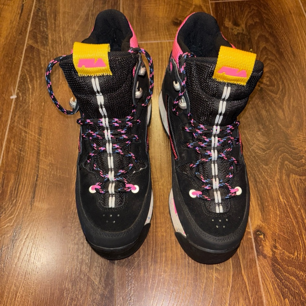 Fila Black Lace-Up Women's Hiking Boots with Pink and Yellow Accents